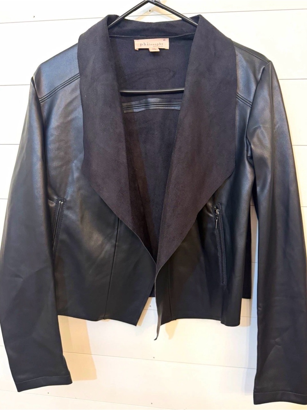 Philosophy Women's Black Faux Leather Short Jacket Collared Zip Long Sleeve S/P